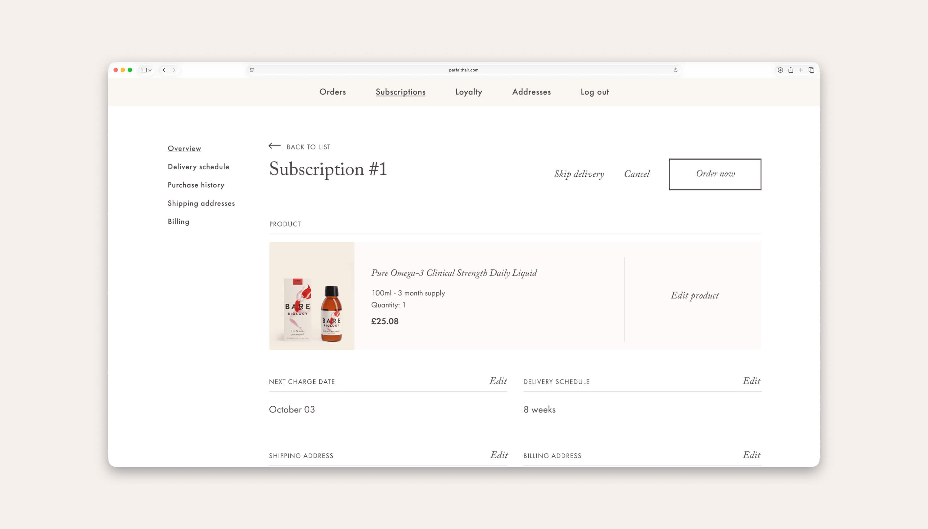 Mock-up of Recharge subscription screen.