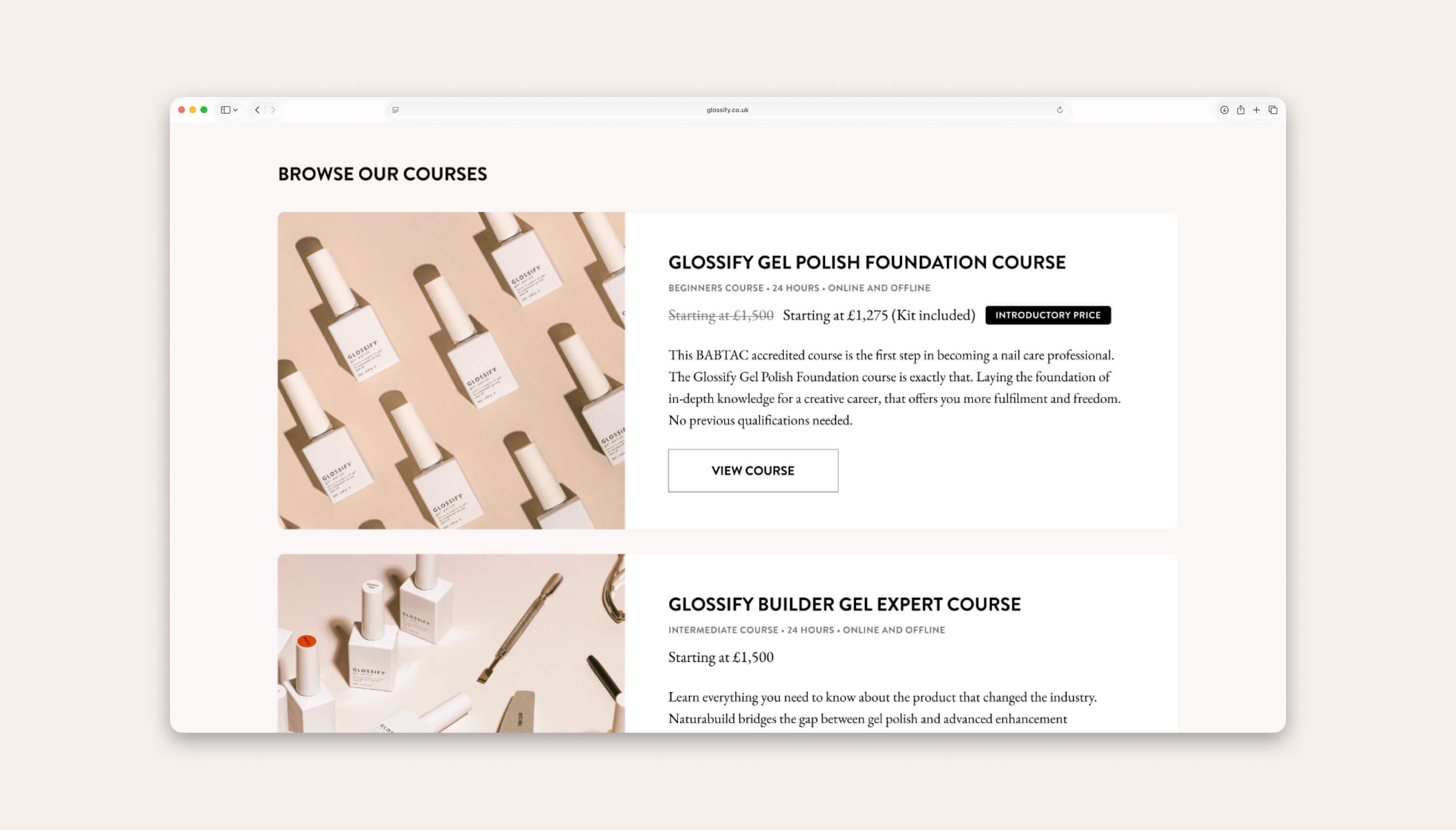 Glossify Education landing page/collection page.