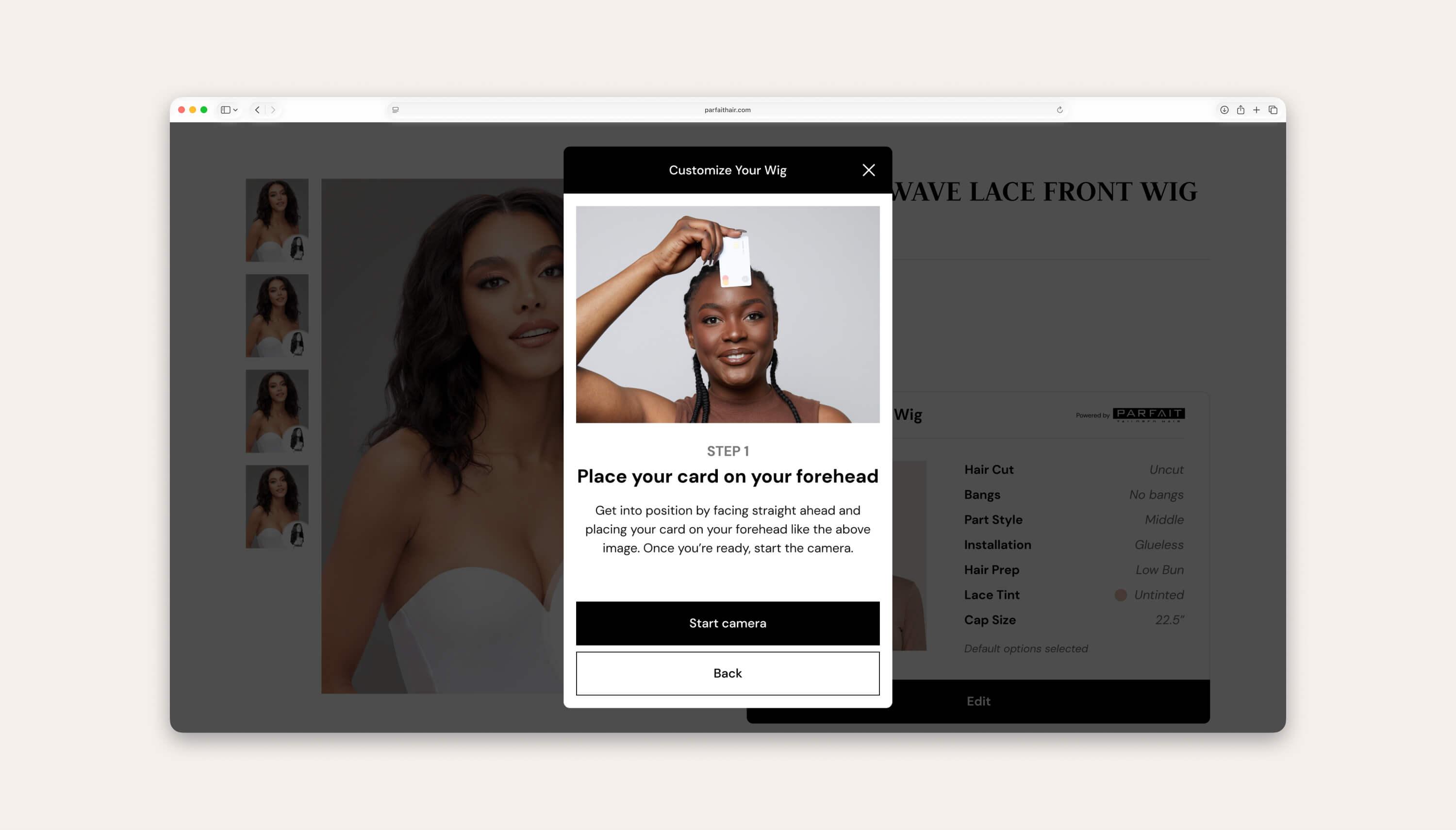Shopify app mock-up showing the camera step to capture head size.