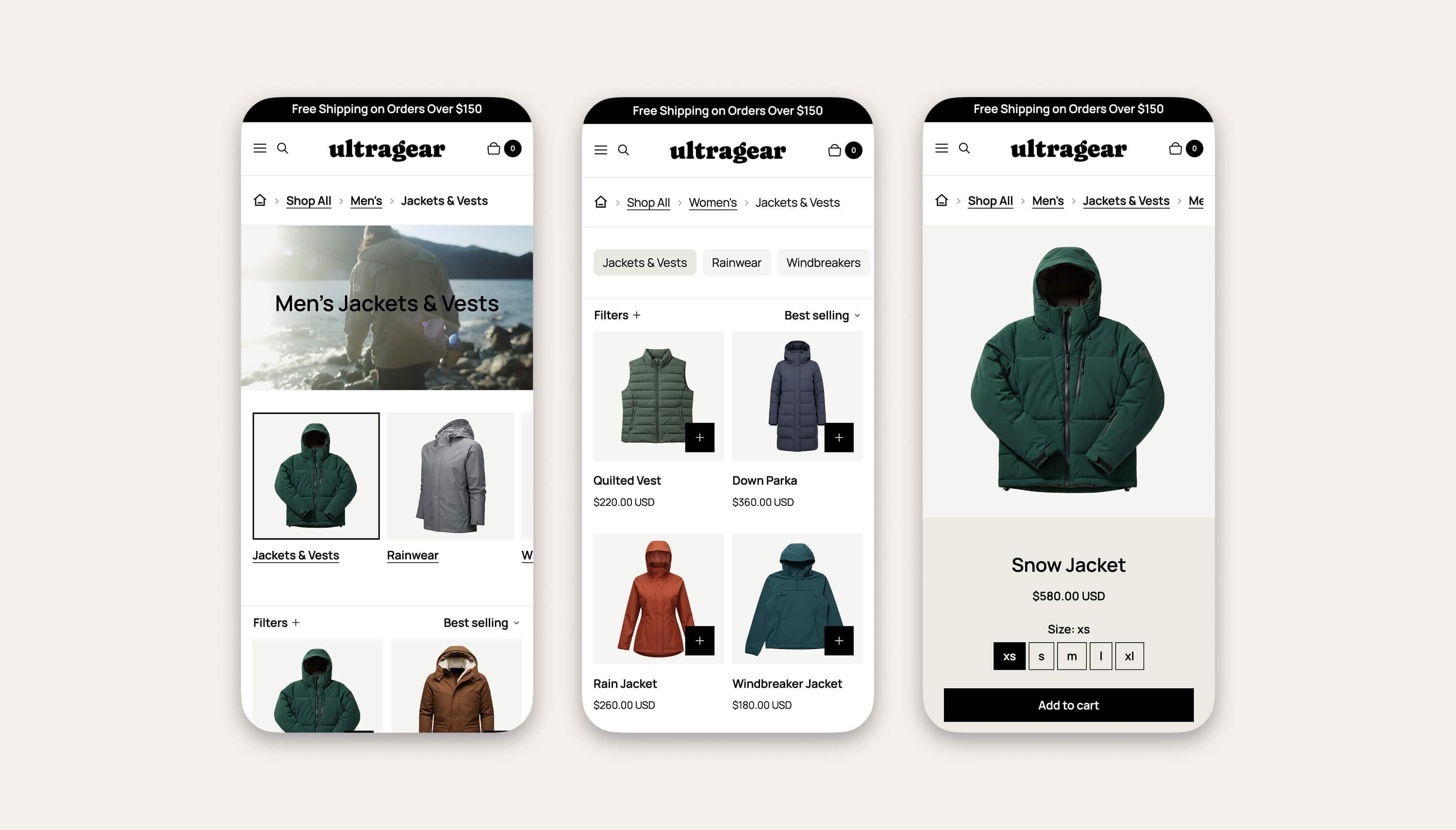 Mobile screenshots of Shopify breadcrumbs and subcollections using the Ultra Categories & Breadcrumbs app.