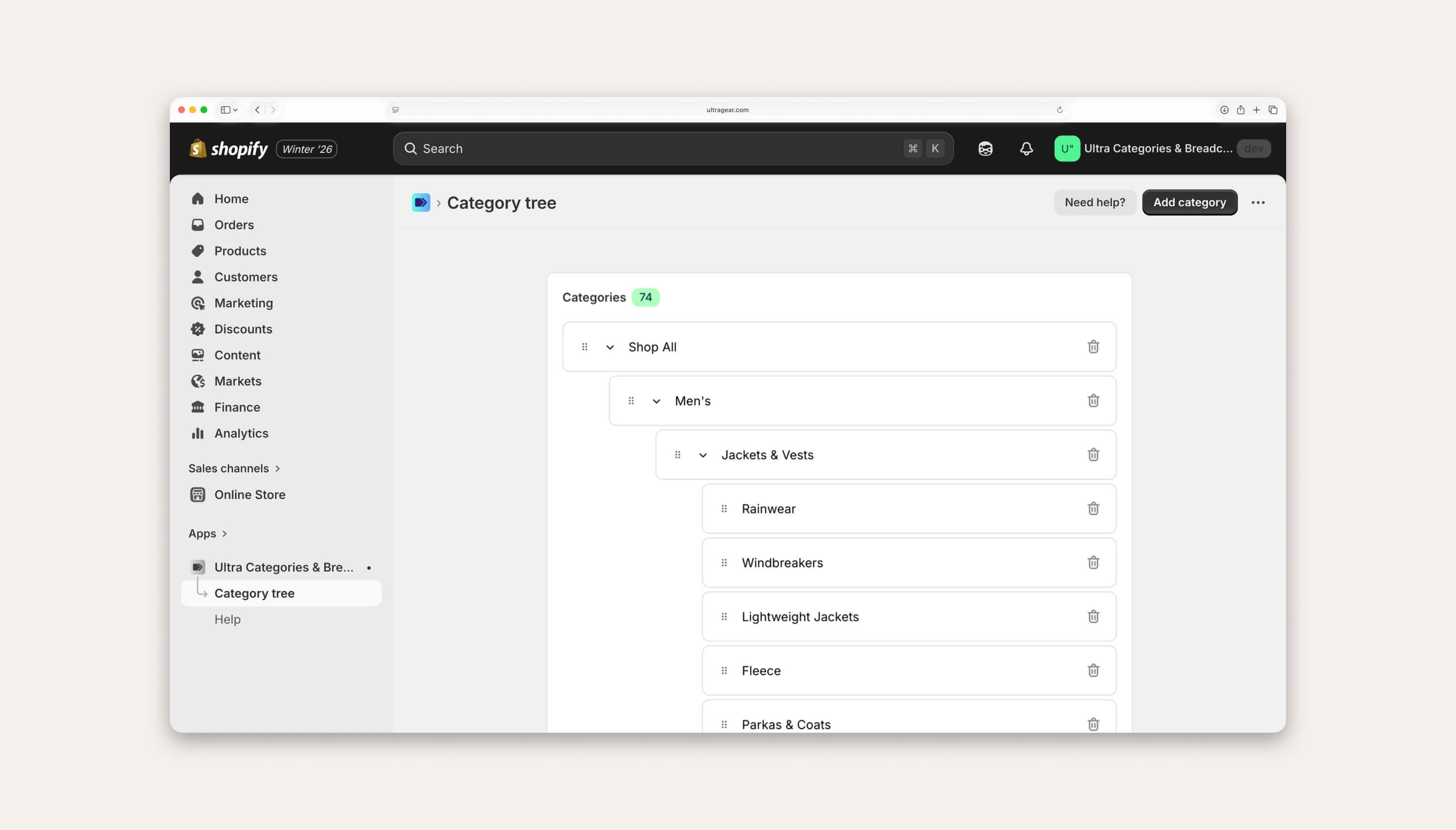 Drag & drop category tree using the Ultra Categories & Breadcrumbs app.
