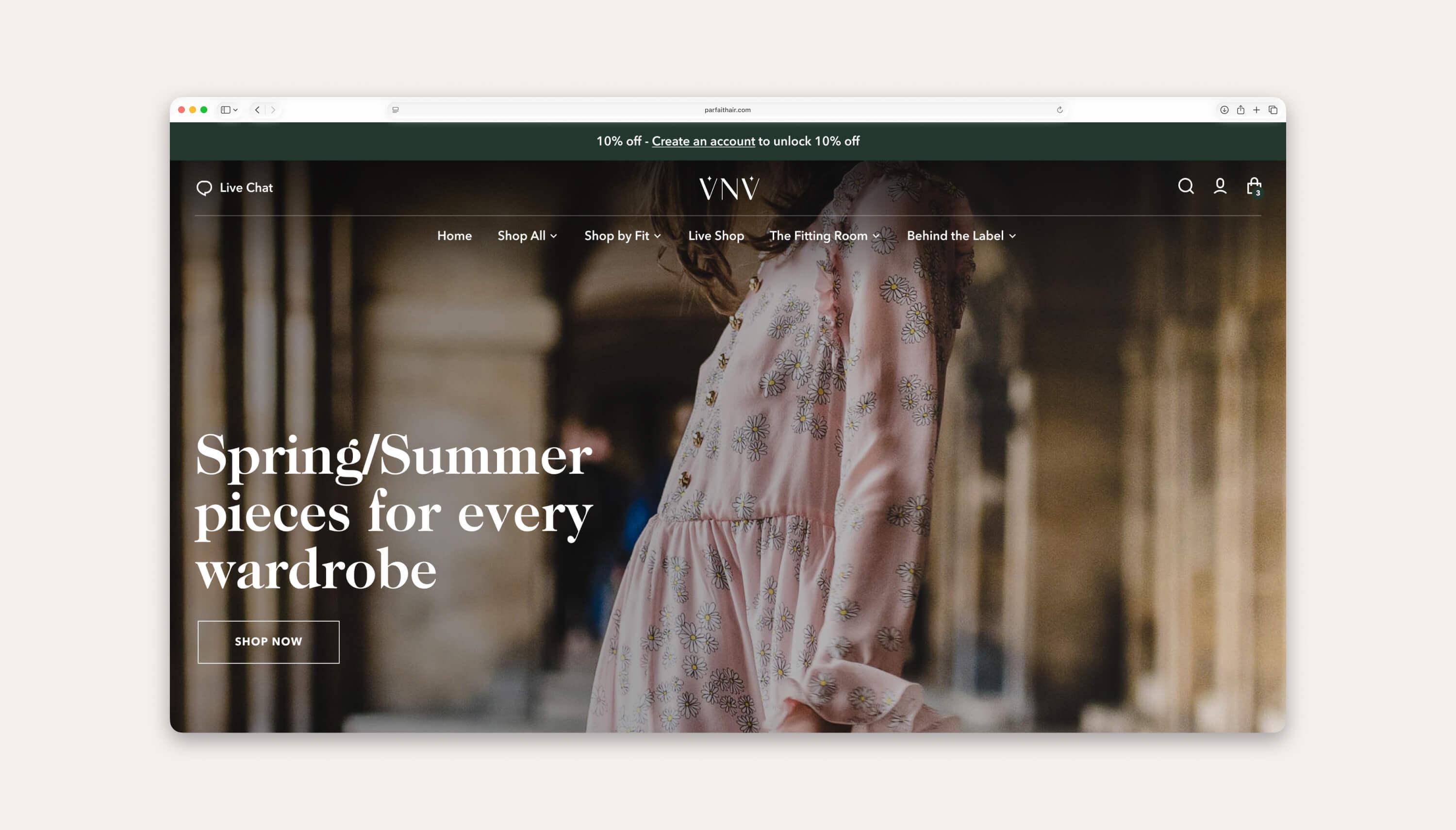 Hero section and desktop navigation of luxury marketplace VNV.